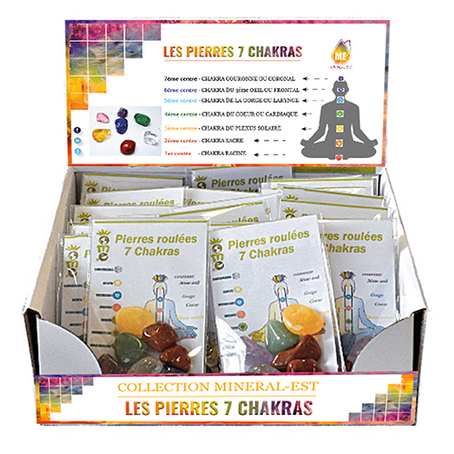 BOITE PRÉSENTOIR PIERRES ROULÉES 7 CHAKRAS (x24 pces)