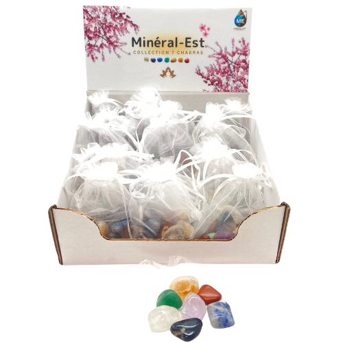 BOITE PRÉSENTOIR PIERRES ROULÉES 7 CHAKRAS (x24 pces)