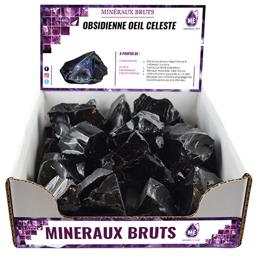 BOITE PRÉSENTOIR OBSIDIENNE OEIL(CELESTE-DORE-ARGENTE) 5à7CM (x25pcs)