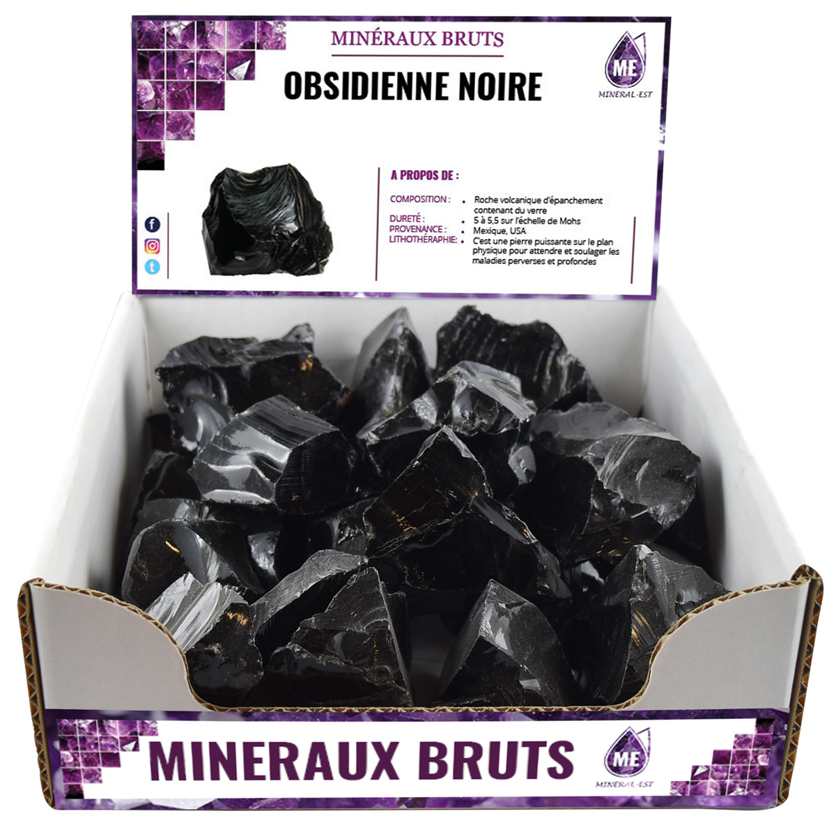 BOITE PRÉSENTOIR OBSIDIENNE NOIRE 5à7CM (x25pcs)  Qualité EXTRA