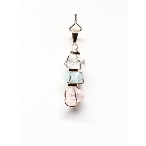 PENDENTIF 3 PIERRES BRUTES QUARTZ ROSE-CRISTAL DE ROCHE-AIGUE MARINE