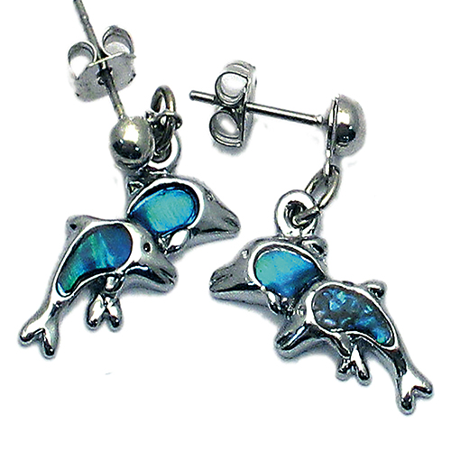 BOUCLES D'OREILLE NACRE BLEUE DOUBLE DAUPHINS (x 12 pces)