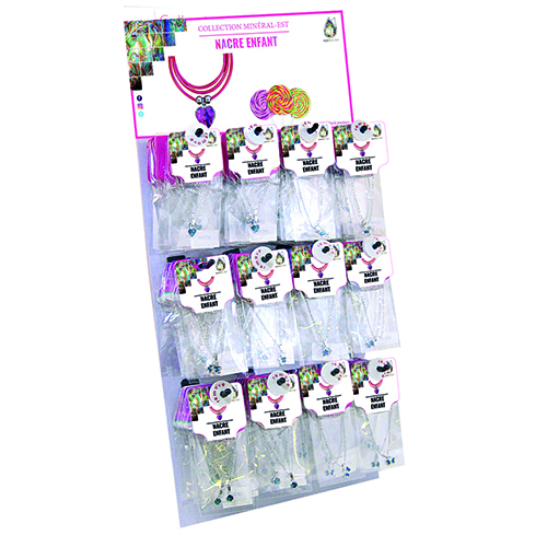 PRESENTOIR MURAL PENDENTIFS ENFANTS CHAINES NACRE BLEUE