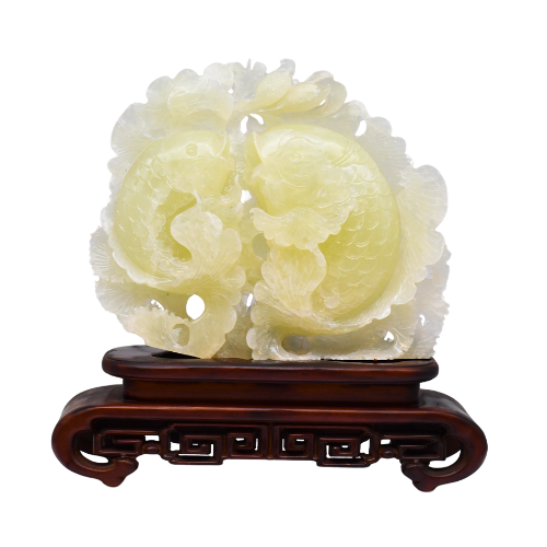 STATUETTE 2 CARPES JAPONAISES EN JADE VÉRITABLE - QUALITÉ EXTRA